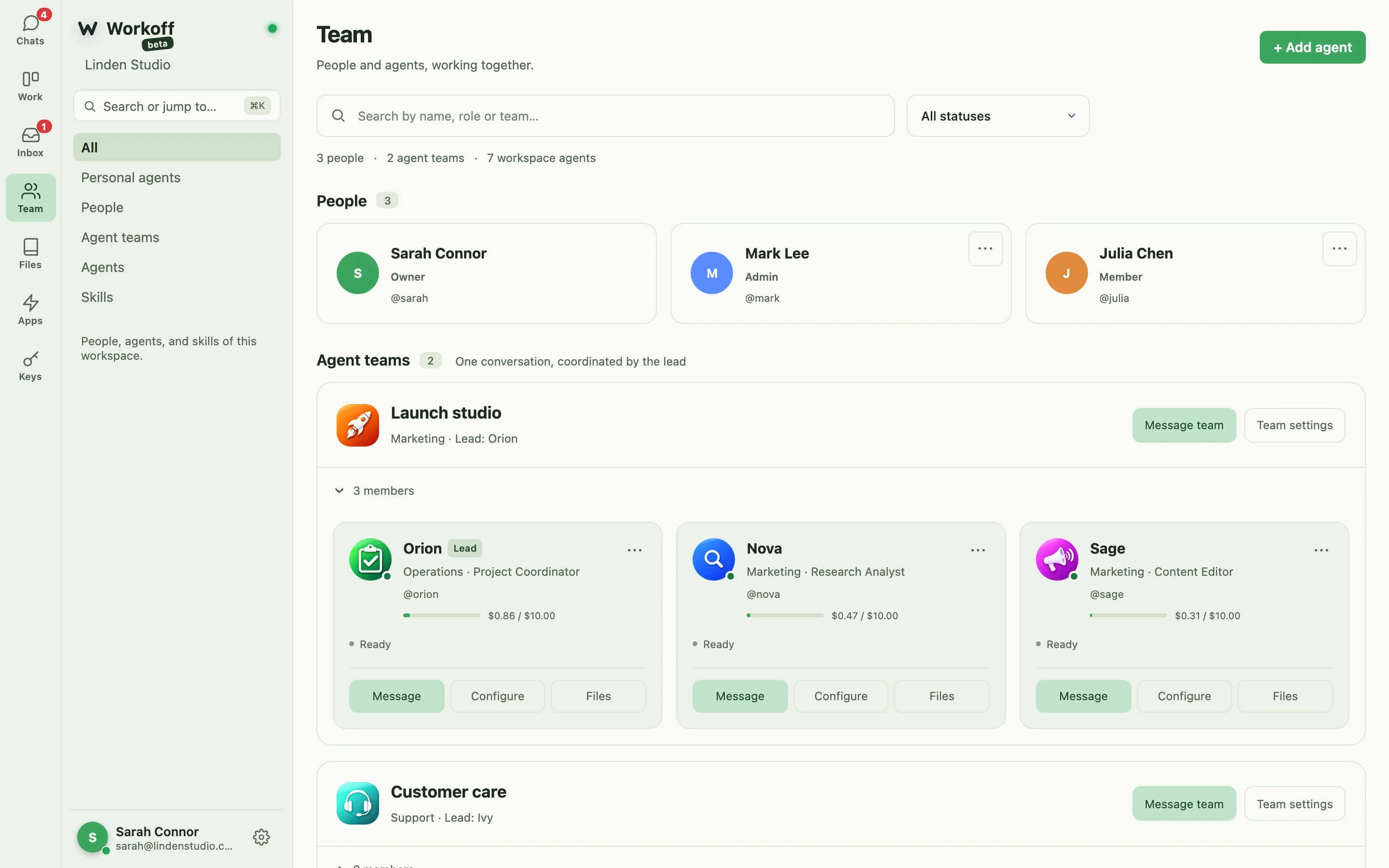 Launch studio - a lead agent with two specialists and their budgets